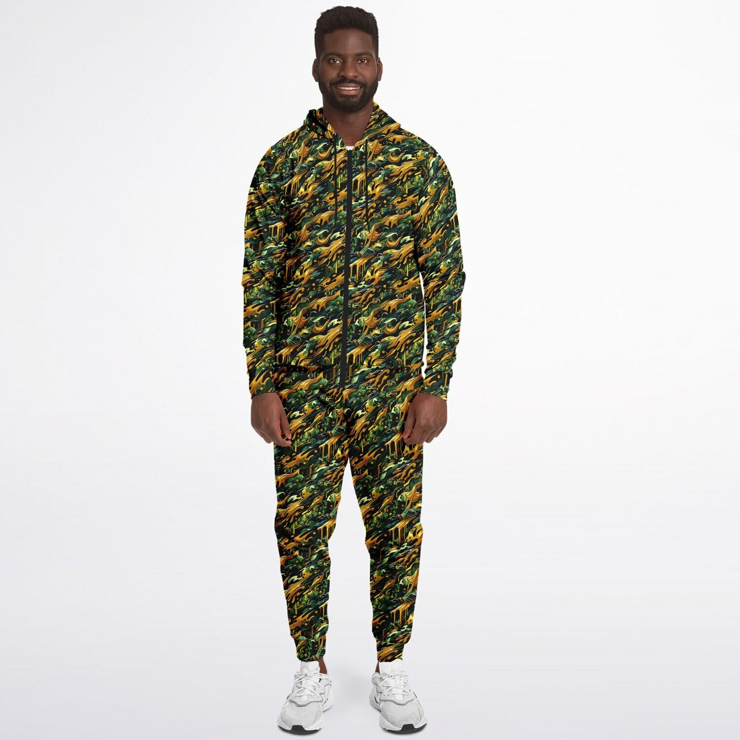 Gold Camo Drip Zip Hoodie & Jogger Set – Bold Urban Streetwear Tracksuit with Luxury Camo Pattern (AOP) Unisex