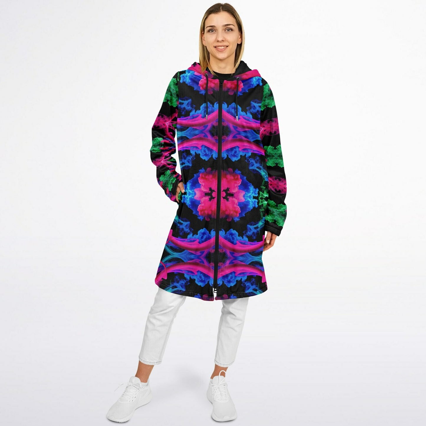 Neon Spectrum Cymatic Zip Cloak – Bold, Futuristic & Ultra-Cozy Longline Jacket