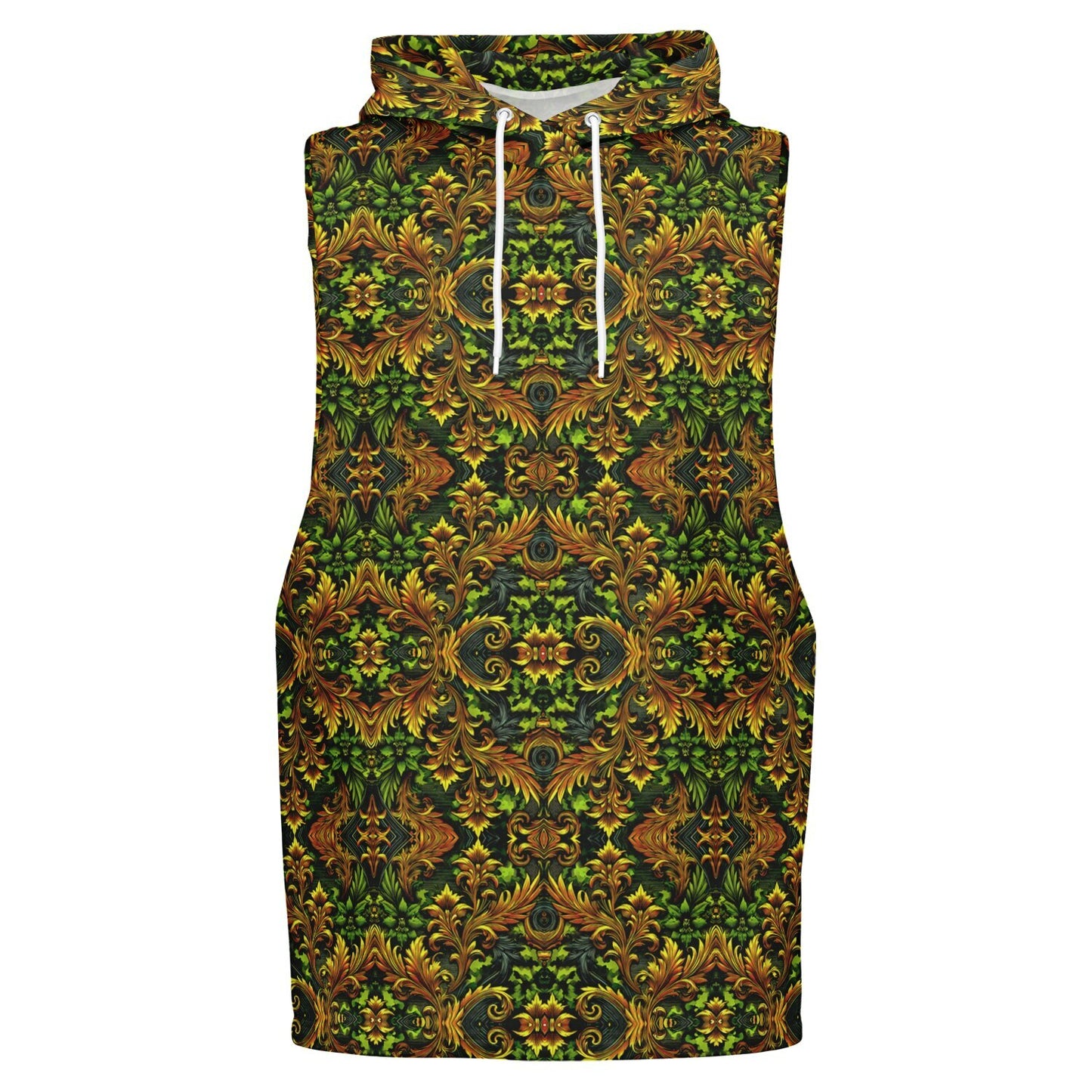 Emerald Green & Gold Athletic Drop Armhole Hoodie – All-Over Print, Lightweight & Breathable Activewear