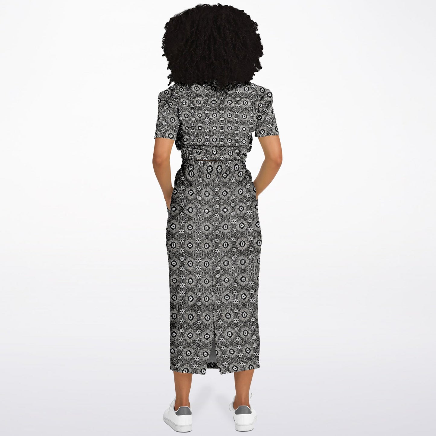 Geometric Grey Pattern Cropped Sweatshirt & Long Pocket Skirt Set – Minimalist Two-Piece Co-ord for Streetwear & Loungewear (AOP)