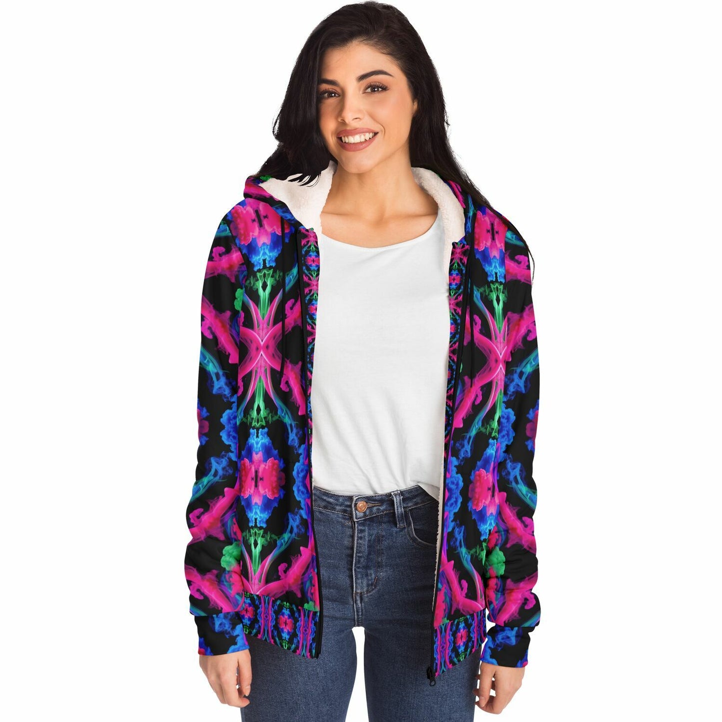 Neon Spectrum Cymatic Microfleece Zip Hoodie – Vibrant, Cozy & Bold All-Over Print Jacket