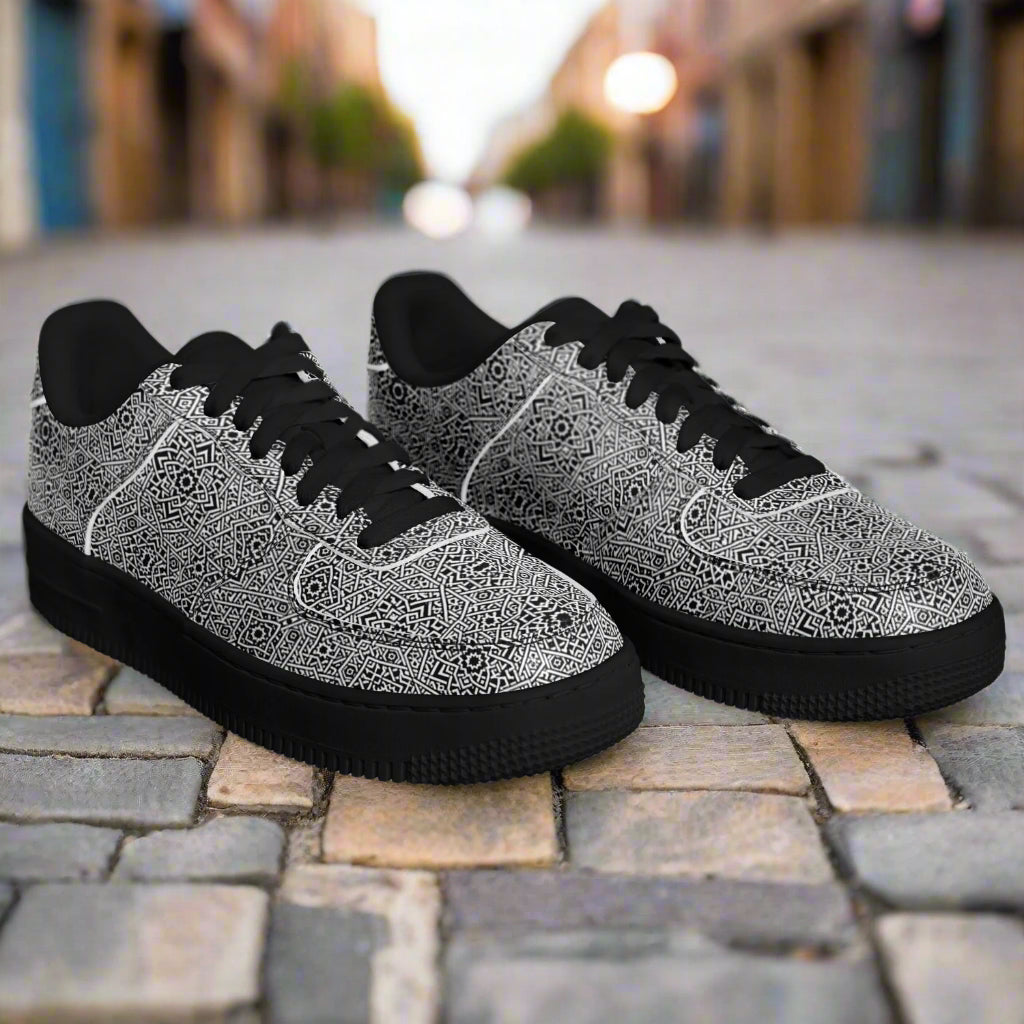 Geometric Grey Core Low Shoes – Unisex Black-Base Sneakers | Bold Contrast | Durable Streetwear-Ready Footwear
