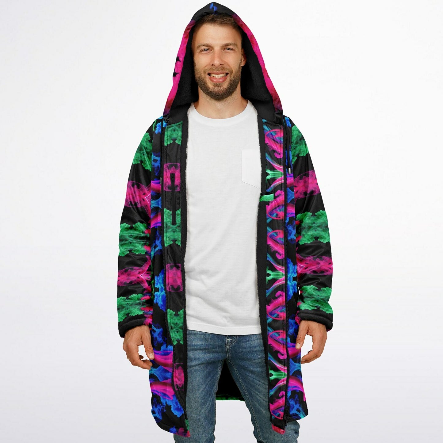 Neon Spectrum Cymatic Zip Cloak – Bold, Futuristic & Ultra-Cozy Longline Jacket