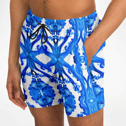 Ocean blue cymatic men’s swim shorts featuring a stylish pattern and quick-dry fabric, perfect for performance-driven swimwear.