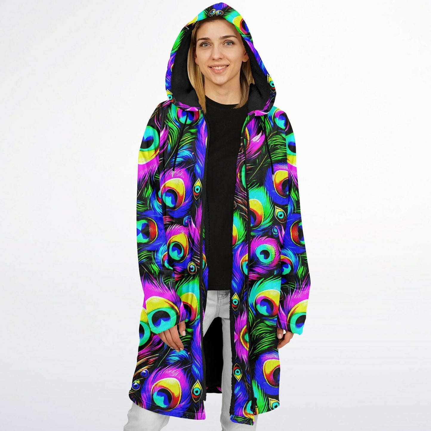 Psychedelic Peacock Print Zipper Cloak - Bold, Vibrant All-Over Design | Luxurious Comfort & Striking Style