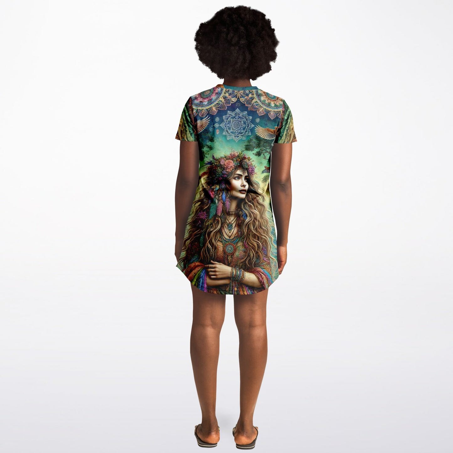 Spiritual Goddess Trinity Collection T-Shirt Dress – Vibrant All-Over Print (AOP) Featuring Unique Faces for Boho Chic Comfort