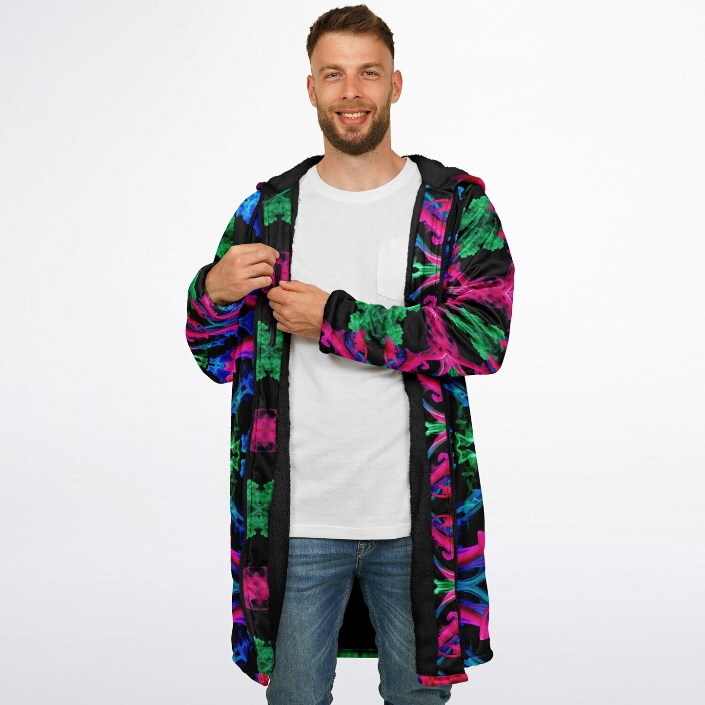 Neon Spectrum Cymatic Zip Cloak – Bold, Futuristic & Ultra-Cozy Longline Jacket