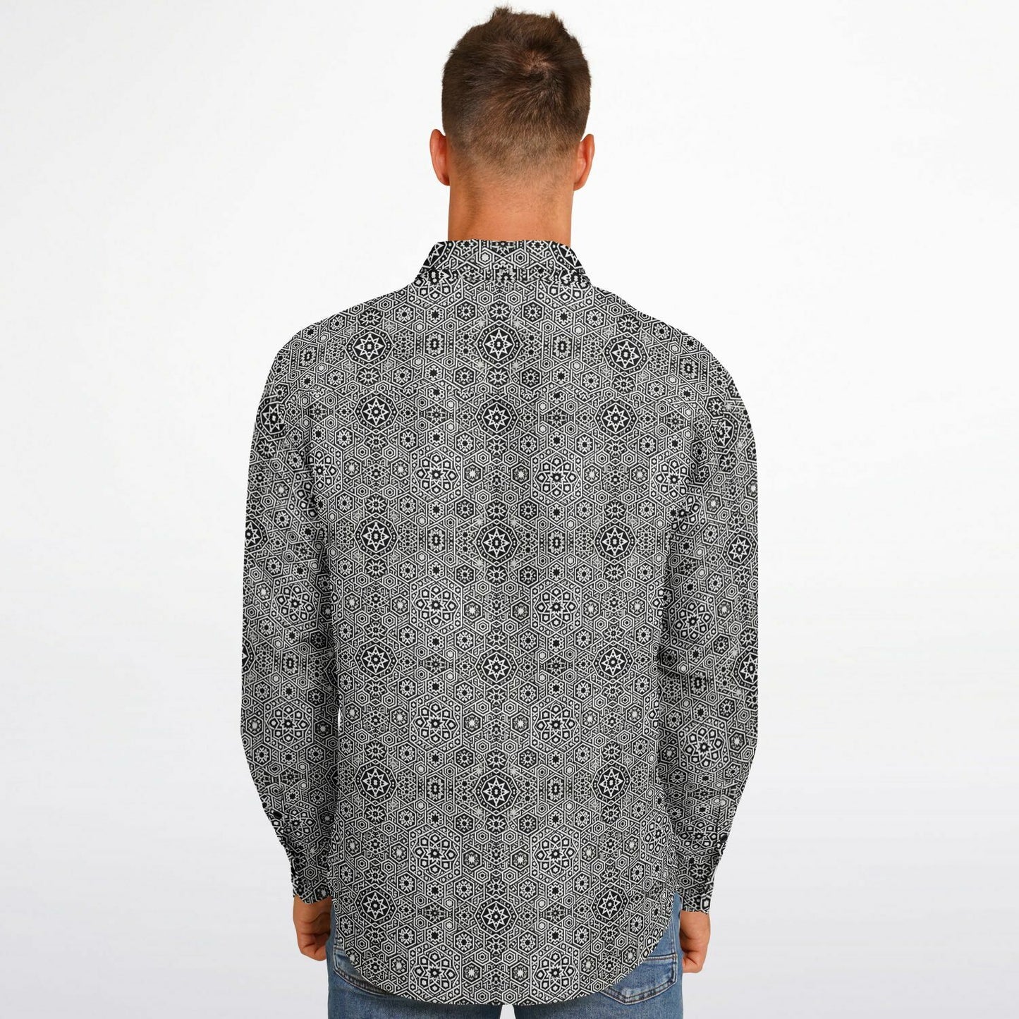 Grey Geometric Long Sleeve Button-Down Shirt – Stylish All-Over Print, Modern Casual & Formal Wear