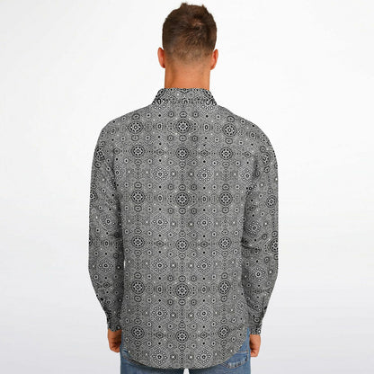 Grey Geometric Long Sleeve Button-Down Shirt – Stylish All-Over Print, Modern Casual & Formal Wear
