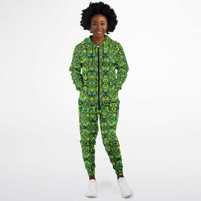 Tropical Trip “Grass is Greener” Psychedelic Zip Hoodie & Jogger Set – Vibrant Festival Streetwear for Bold Self-Expression