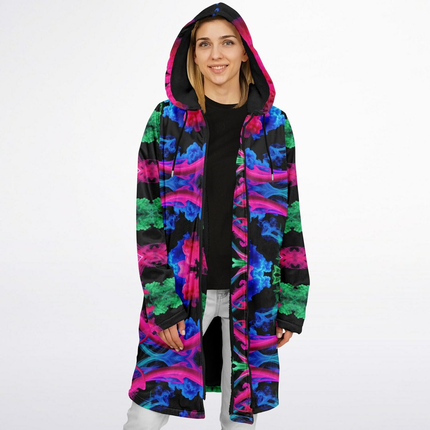 Neon Spectrum Cymatic Zip Cloak – Bold, Futuristic & Ultra-Cozy Longline Jacket
