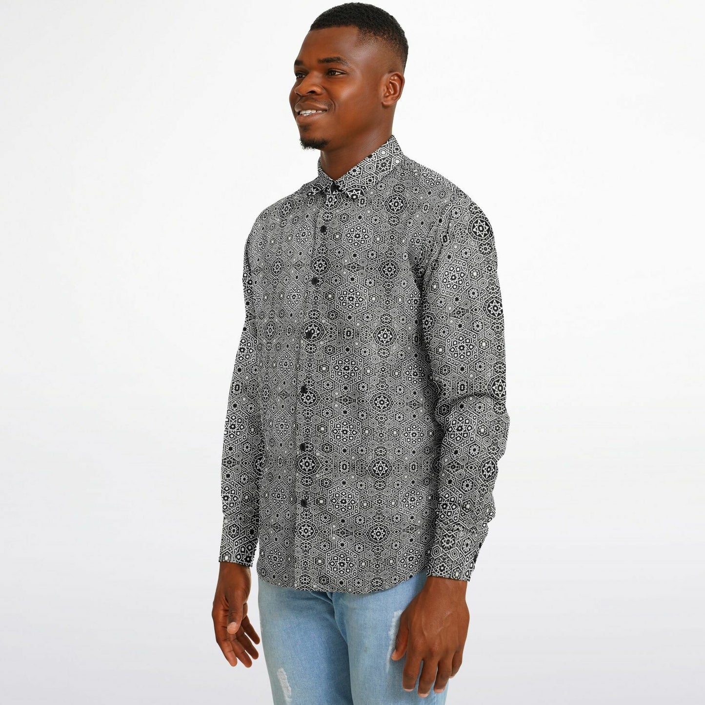 Grey Geometric Long Sleeve Button-Down Shirt – Stylish All-Over Print, Modern Casual & Formal Wear