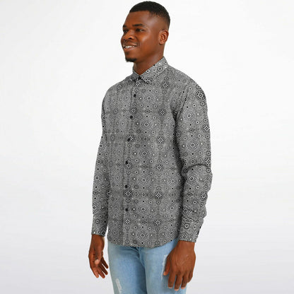 Grey Geometric Long Sleeve Button-Down Shirt – Stylish All-Over Print, Modern Casual & Formal Wear