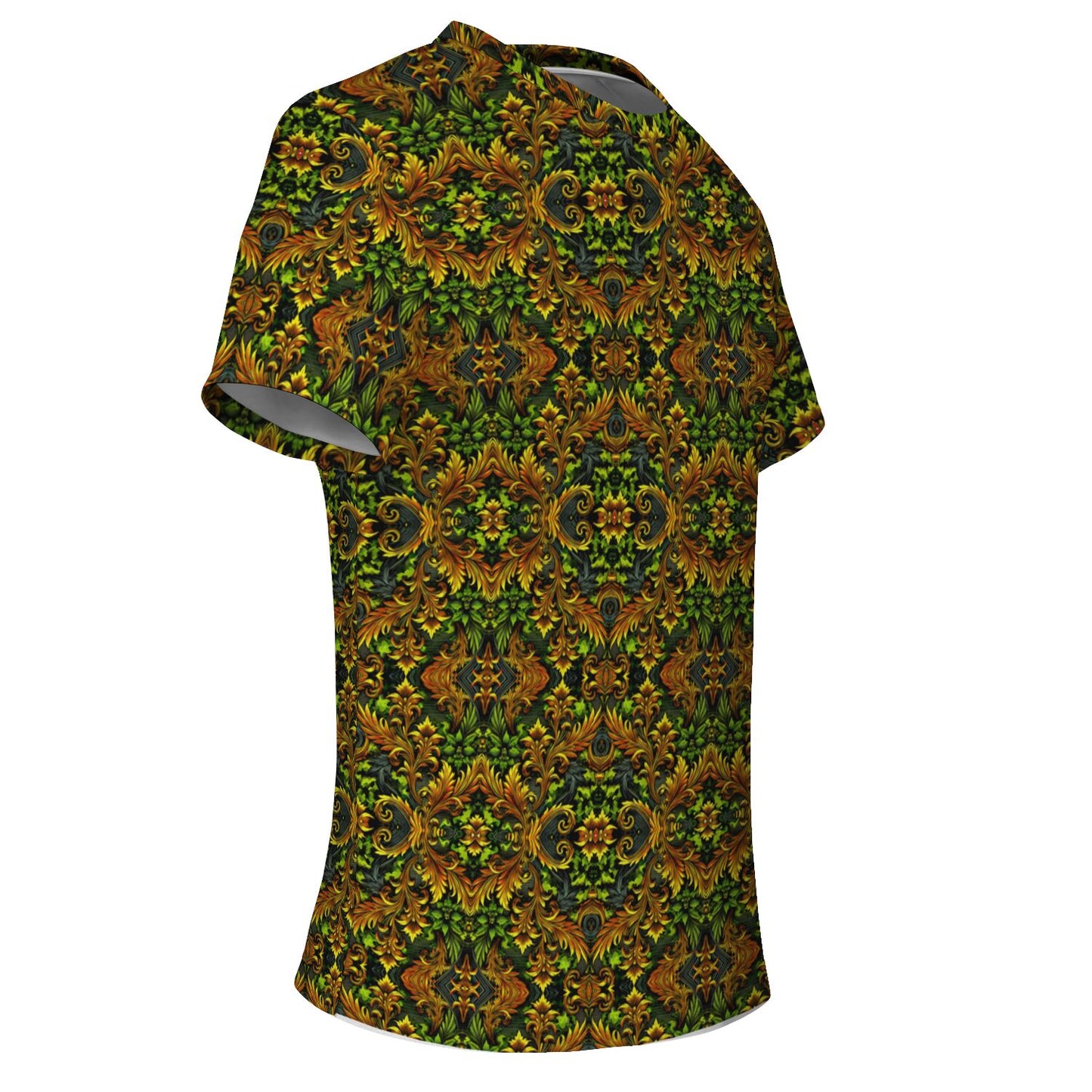 Emerald Green & Gold Pocket T-Shirt – All-Over Print, Stylish Casual Wear with Chest Pocket