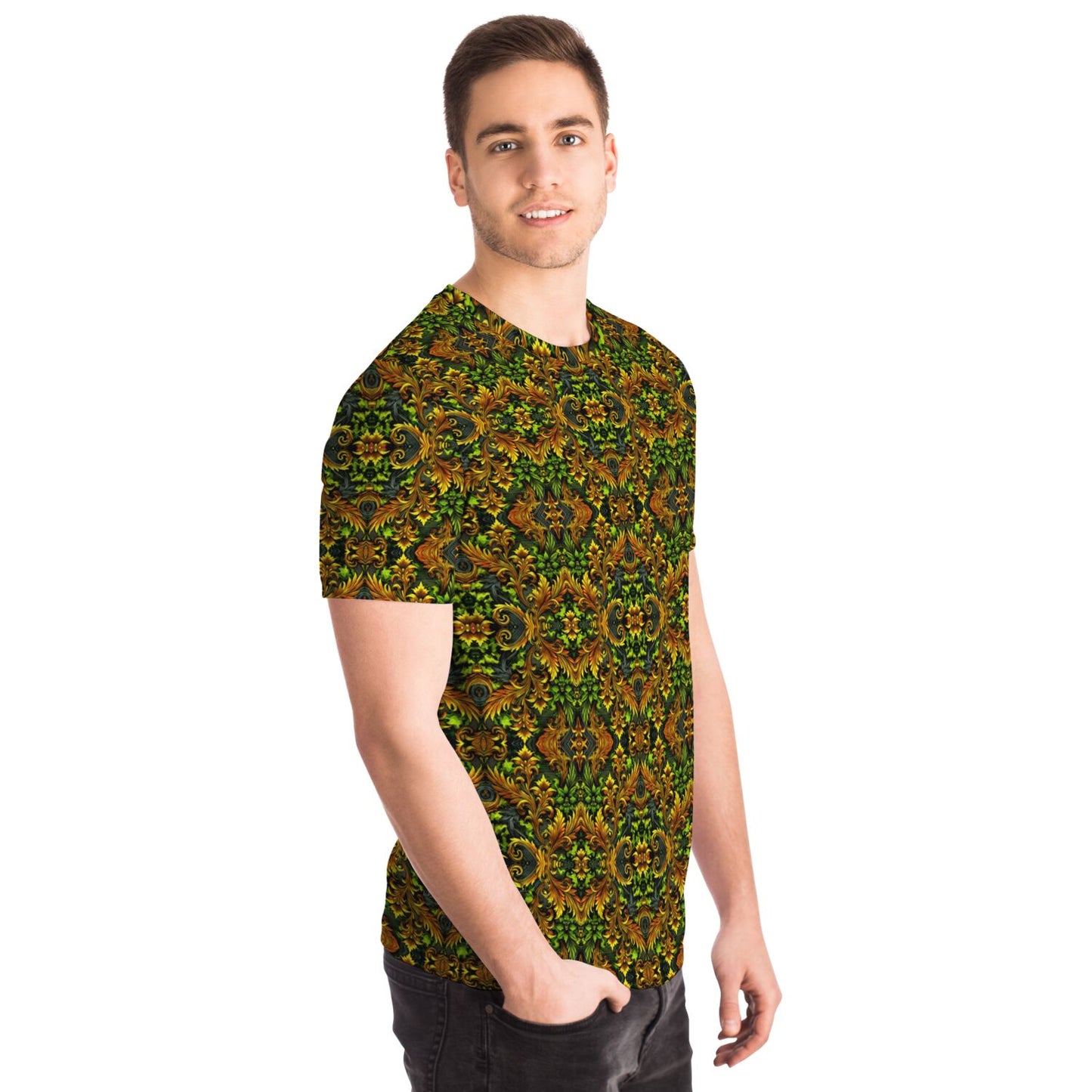 Emerald Green & Gold Pocket T-Shirt – All-Over Print, Stylish Casual Wear with Chest Pocket