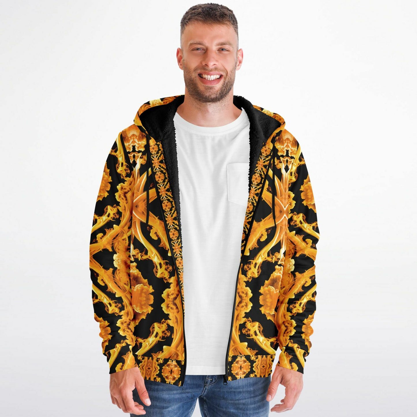 Golden Cymatic, Microfleece Zip Hoodie – Luxuriously Warm & Stylish All-Over Print Jacket