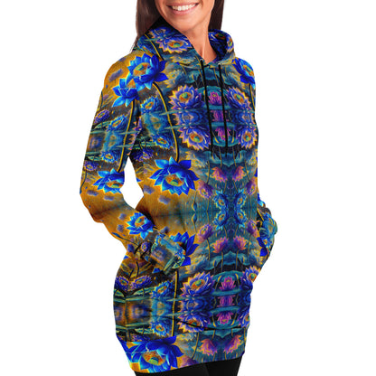 Blue Lotus Flower, Female, Longline Hoodie – Boho-Inspired All-Over Print Hoodie for Streetwear, Loungewear, Everyday Comfort (AOP)