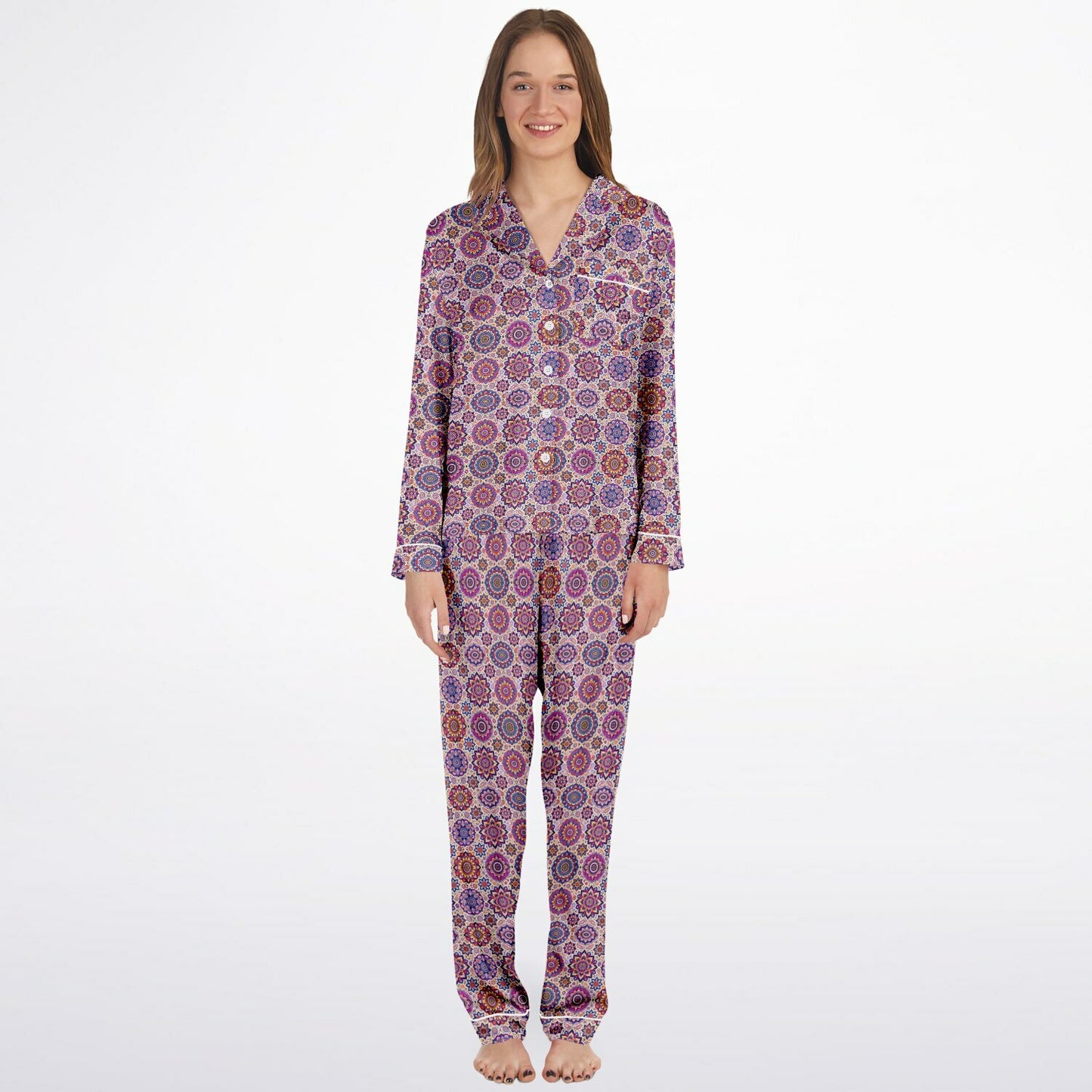 Luxury Pink Geometric Women’s Satin Pyjamas – All-Over Print Elegant Sleepwear, Soft & Comfortable Pajama Set for Women