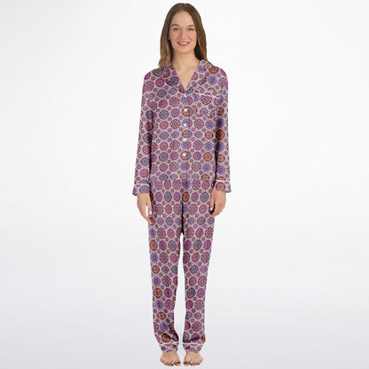 Luxury Pink Geometric Women’s Satin Pyjamas – All-Over Print Elegant Sleepwear, Soft & Comfortable Pajama Set for Women