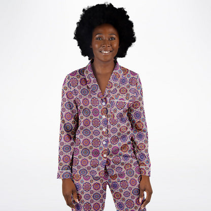 Luxury Pink Geometric Women’s Satin Pyjamas – All-Over Print Elegant Sleepwear, Soft & Comfortable Pajama Set for Women