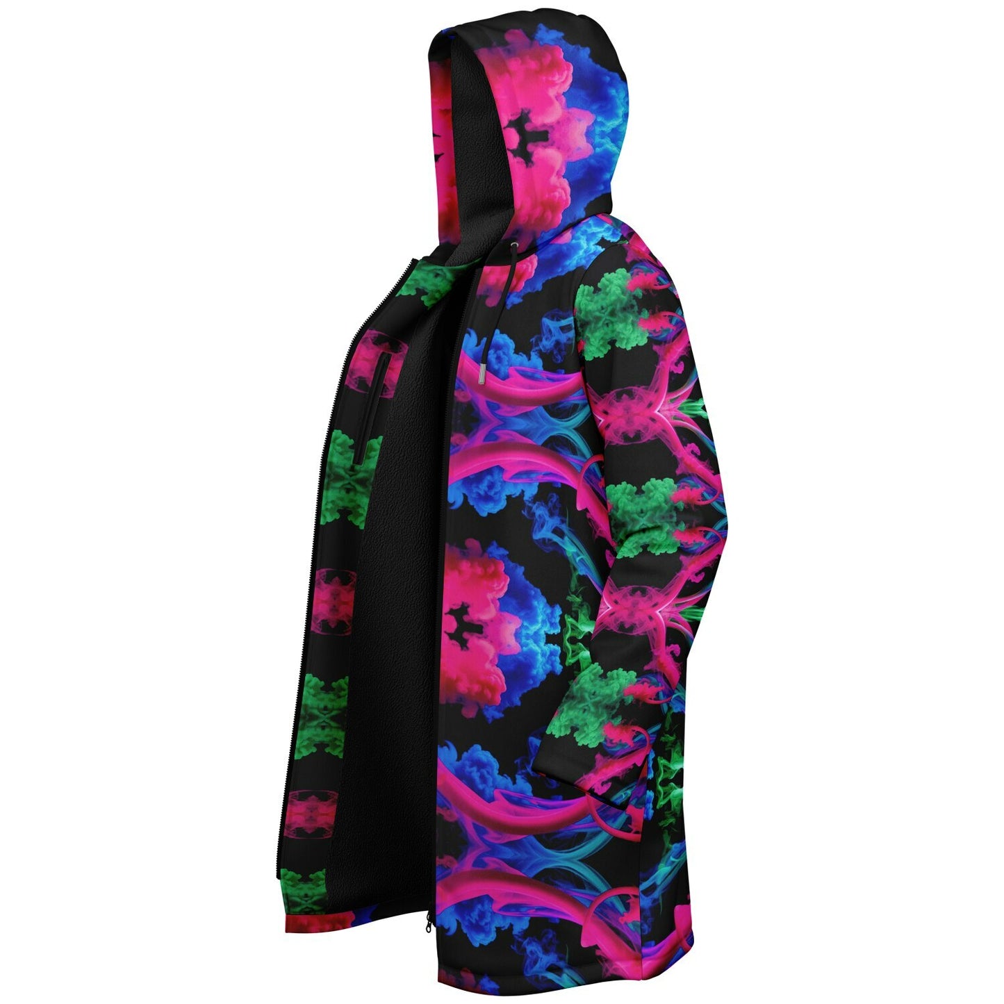 Neon Spectrum Cymatic Zip Cloak – Bold, Futuristic & Ultra-Cozy Longline Jacket