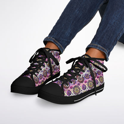 Geometric Pink & White High-Top Sneakers – All-Over Print Urban Streetwear, Trendy Casual Shoes