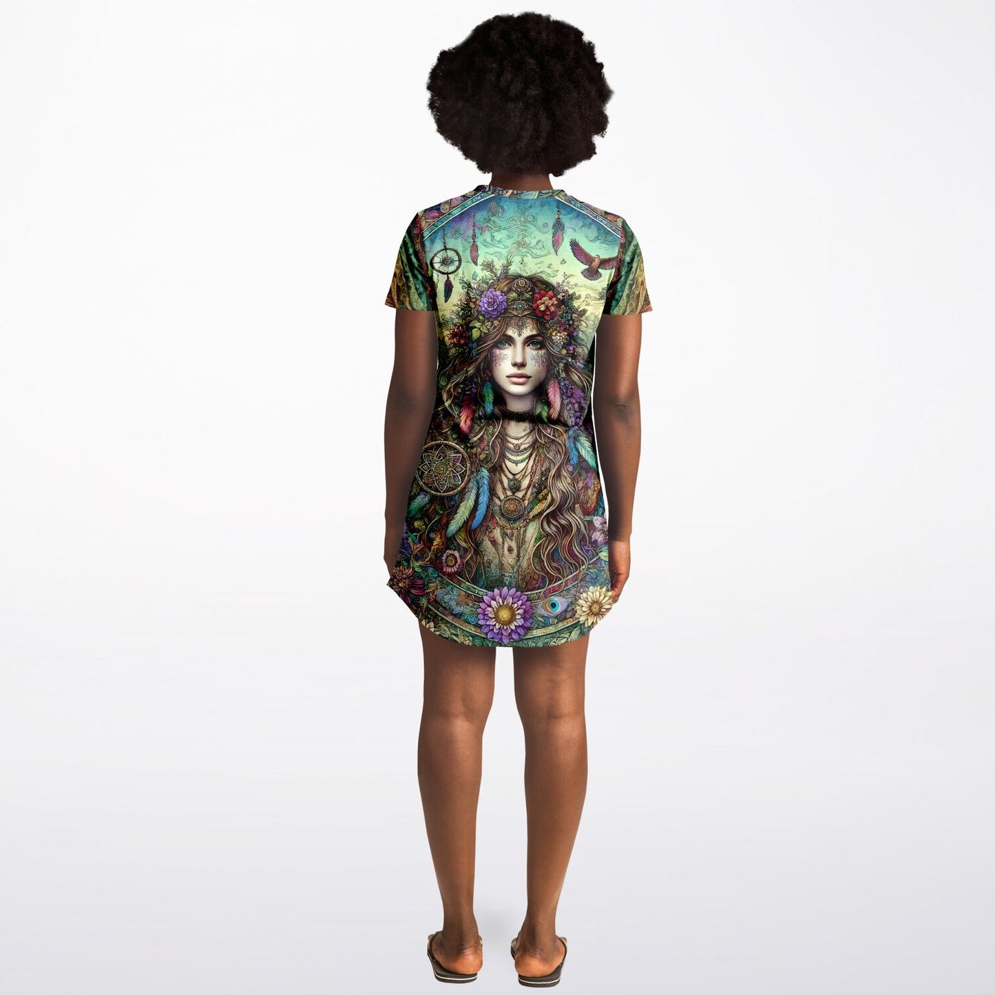 Spiritual Goddess Trinity Collection T-Shirt Dress – Vibrant All-Over Print (AOP) Featuring Unique Faces for Boho Chic Comfort