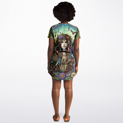 Spiritual Goddess Trinity Collection T-Shirt Dress – Vibrant All-Over Print (AOP) Featuring Unique Faces for Boho Chic Comfort