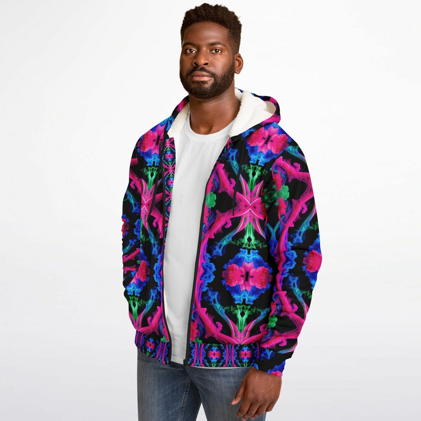 Neon Spectrum Cymatic Microfleece Zip Hoodie – Vibrant, Cozy & Bold All-Over Print Jacket