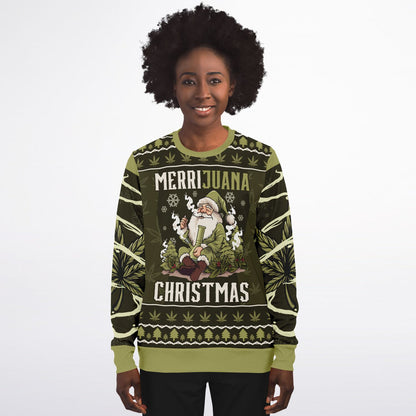 Funny Cannabis Christmas Sweatshirt – “Merrijuana” Weed Santa Jumper, Stoner Holiday Gift Idea