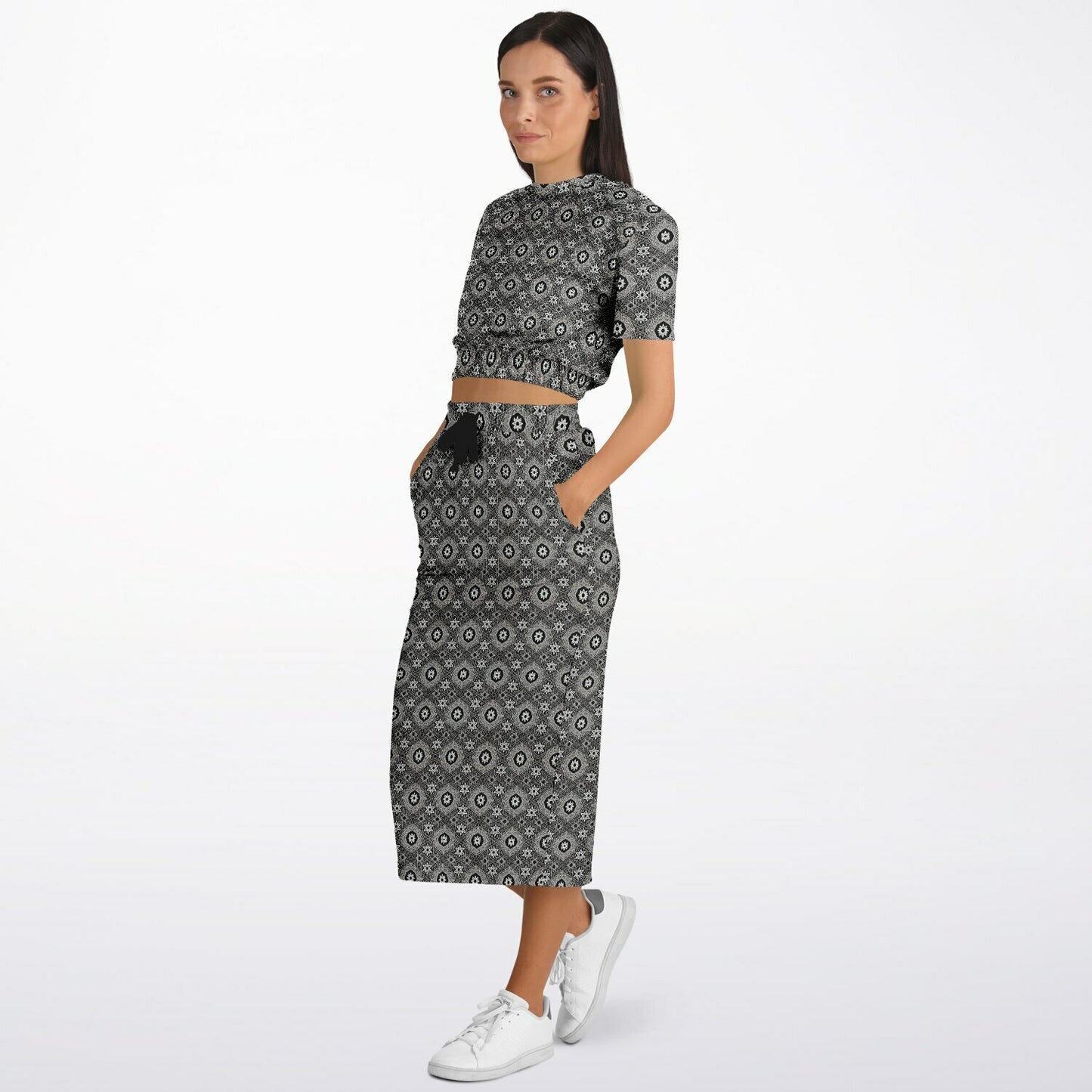 Geometric Grey Pattern Cropped Sweatshirt & Long Pocket Skirt Set – Minimalist Two-Piece Co-ord for Streetwear & Loungewear (AOP)