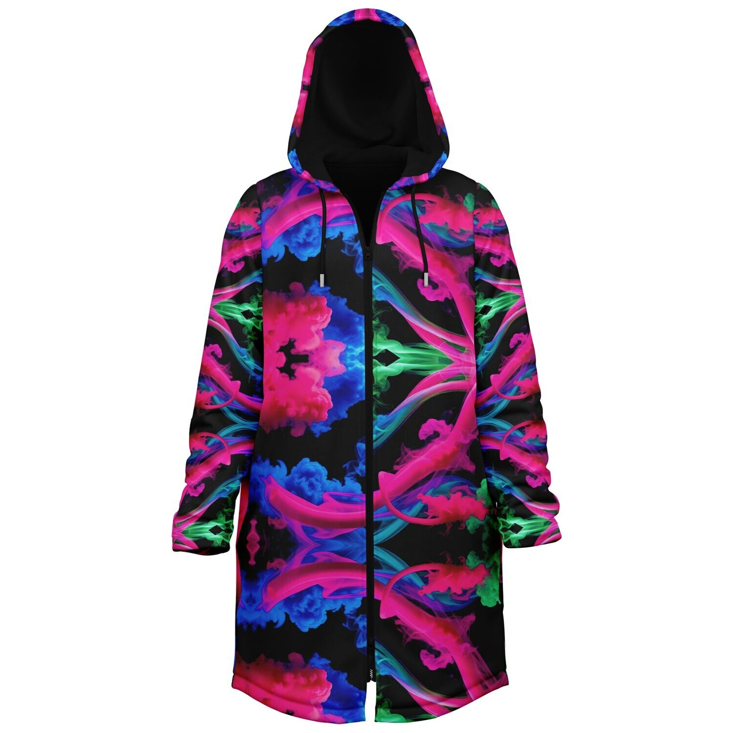 Neon Spectrum Cymatic Zip Cloak – Bold, Futuristic & Ultra-Cozy Longline Jacket