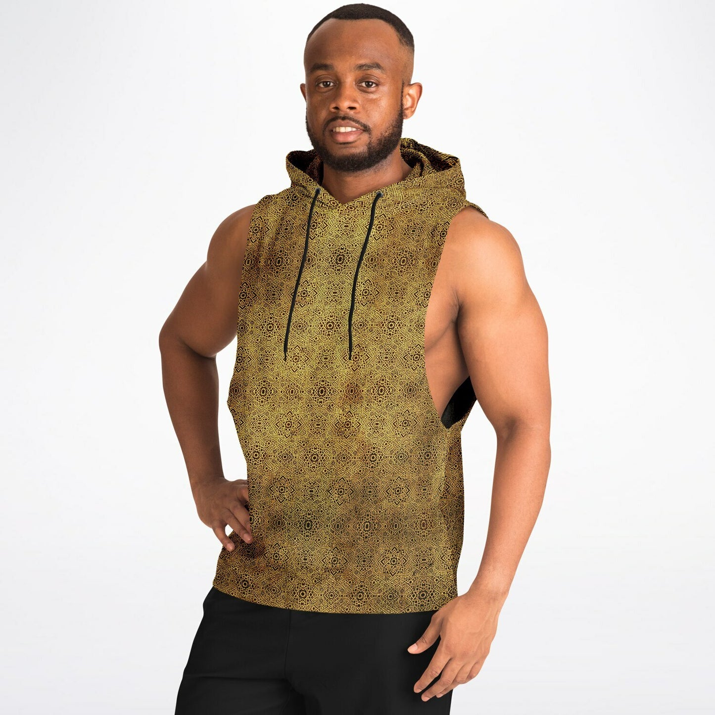 Geometric Gold Drop Armhole Hoodie – Unisex All-Over Print (AOP) | Bold Streetwear Hoodie | Fleece-Lined for Comfort & Style