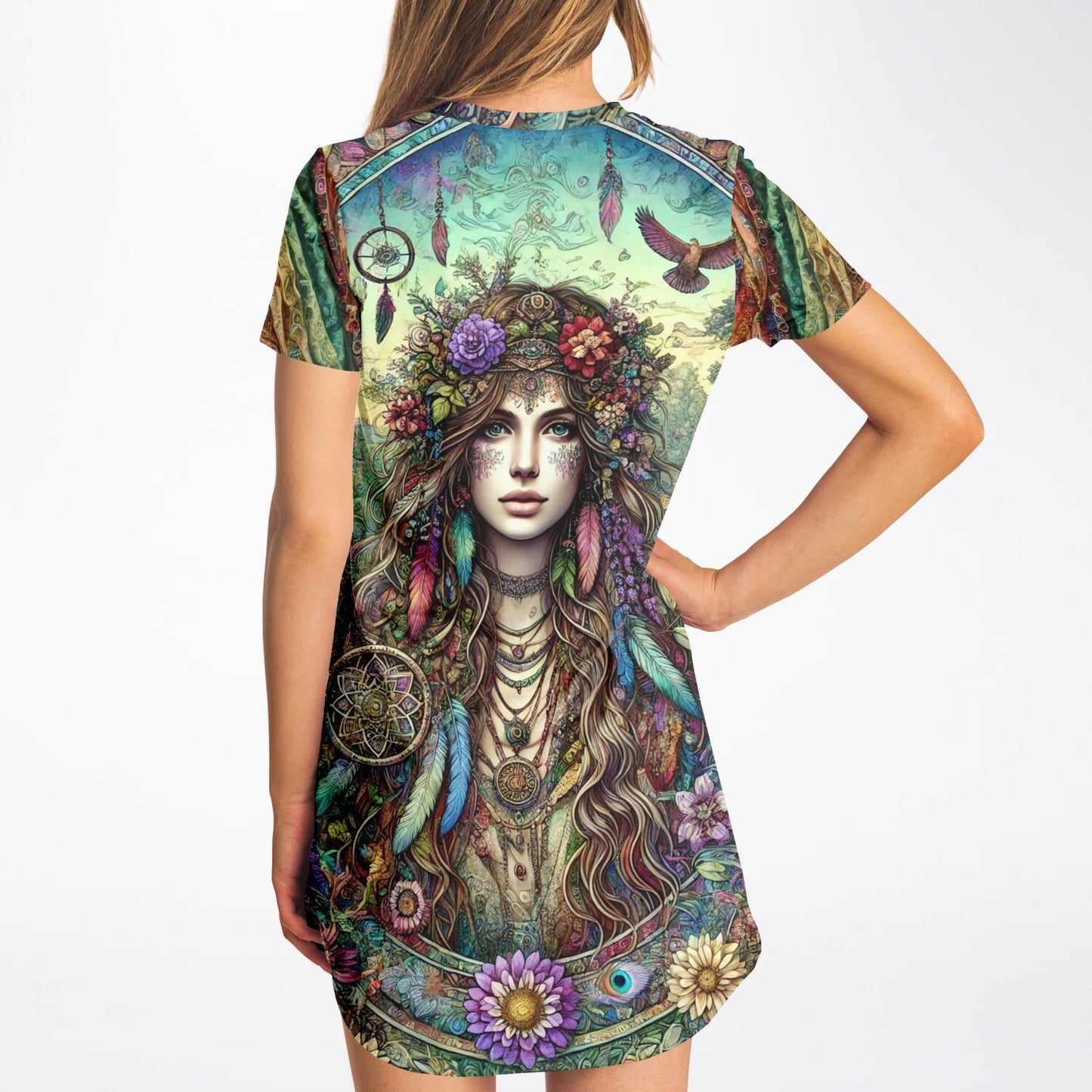 Spiritual Goddess Trinity Collection T-Shirt Dress – Vibrant All-Over Print (AOP) Featuring Unique Faces for Boho Chic Comfort