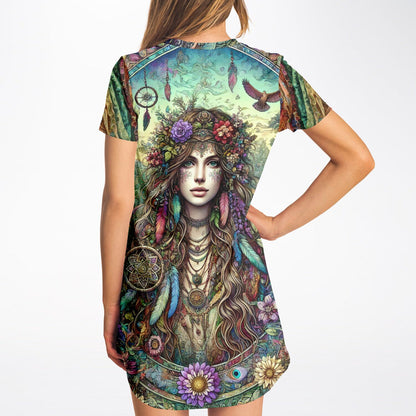 Spiritual Goddess Trinity Collection T-Shirt Dress – Vibrant All-Over Print (AOP) Featuring Unique Faces for Boho Chic Comfort