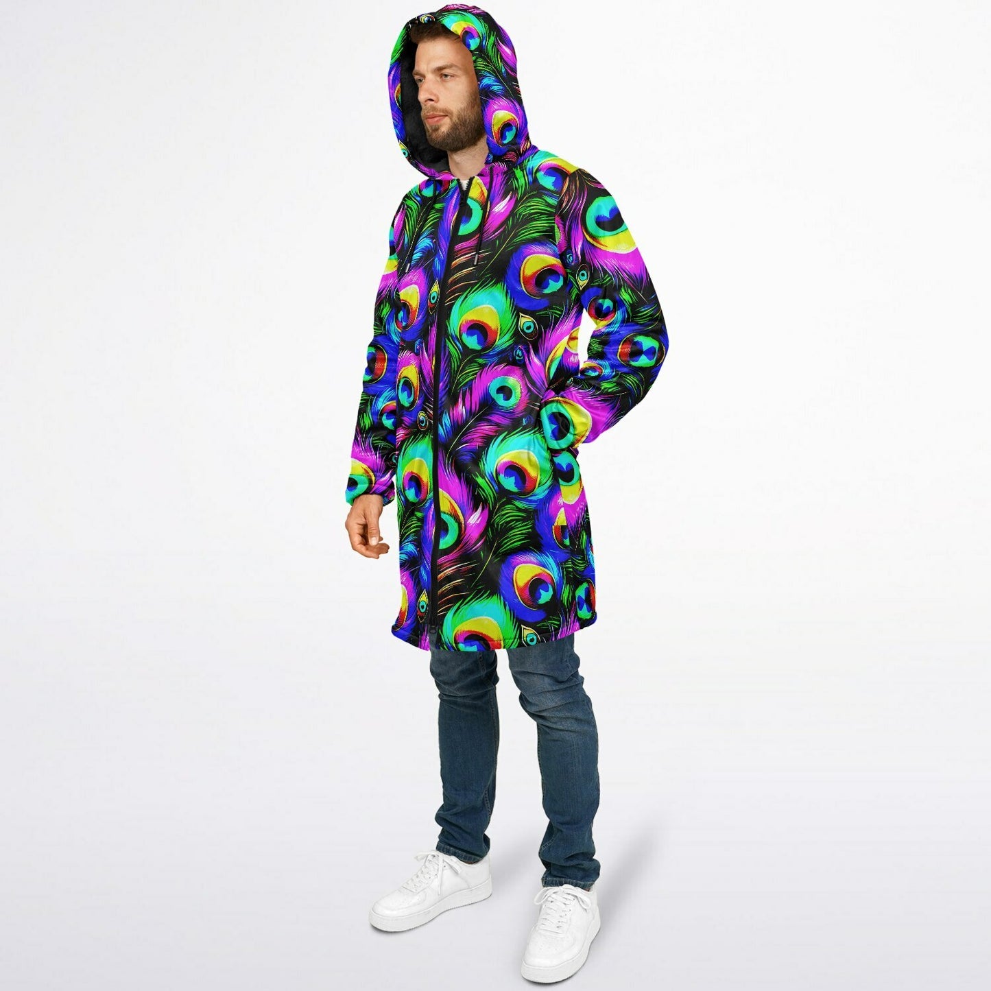 Psychedelic Peacock Print Zipper Cloak - Bold, Vibrant All-Over Design | Luxurious Comfort & Striking Style