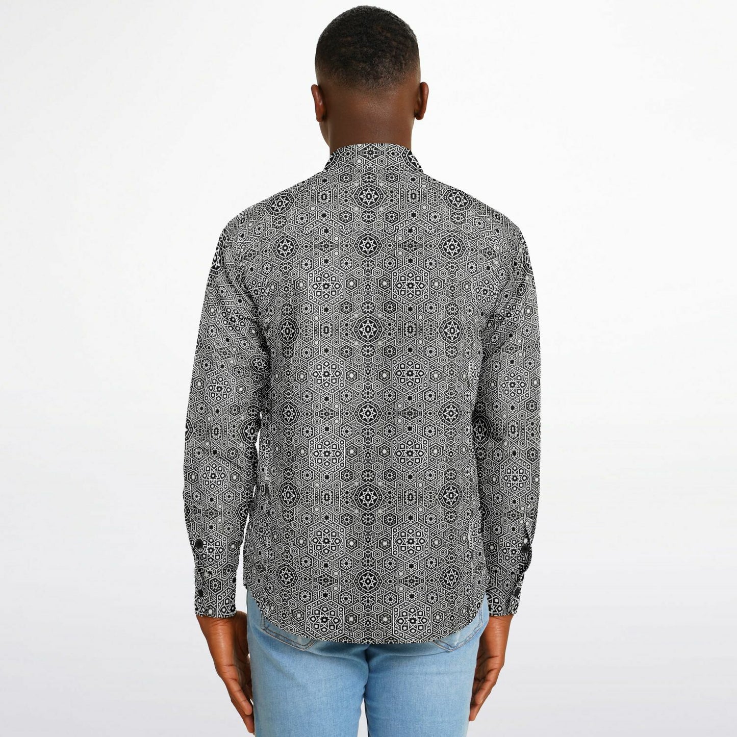 Grey Geometric Long Sleeve Button-Down Shirt – Stylish All-Over Print, Modern Casual & Formal Wear