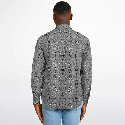 Grey Geometric Long Sleeve Button-Down Shirt – Stylish All-Over Print, Modern Casual & Formal Wear