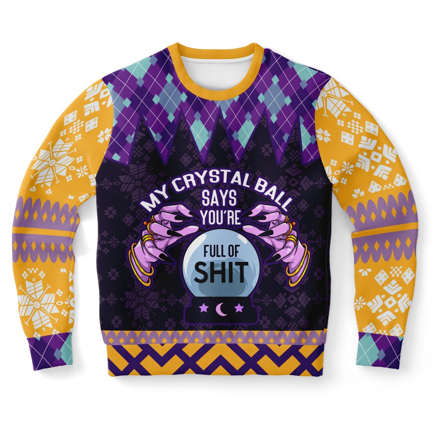 Spiritual Crystal Ball Sweatshirt – Mystical Aesthetic Jumper with Purple Hands, Celestial Snowflakes & Funny Quote