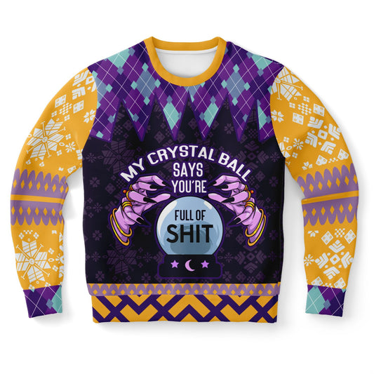 Spiritual Crystal Ball Sweatshirt – Mystical Aesthetic Jumper with Purple Hands, Celestial Snowflakes & Funny Quote