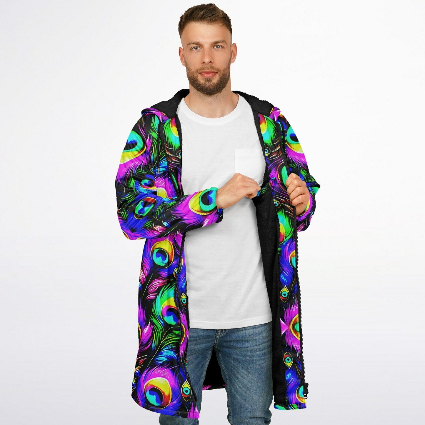Psychedelic Peacock Print Zipper Cloak - Bold, Vibrant All-Over Design | Luxurious Comfort & Striking Style