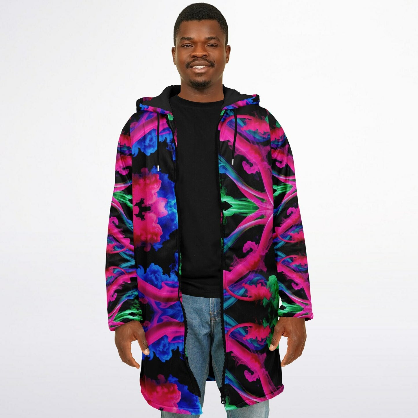 Neon Spectrum Cymatic Zip Cloak – Bold, Futuristic & Ultra-Cozy Longline Jacket