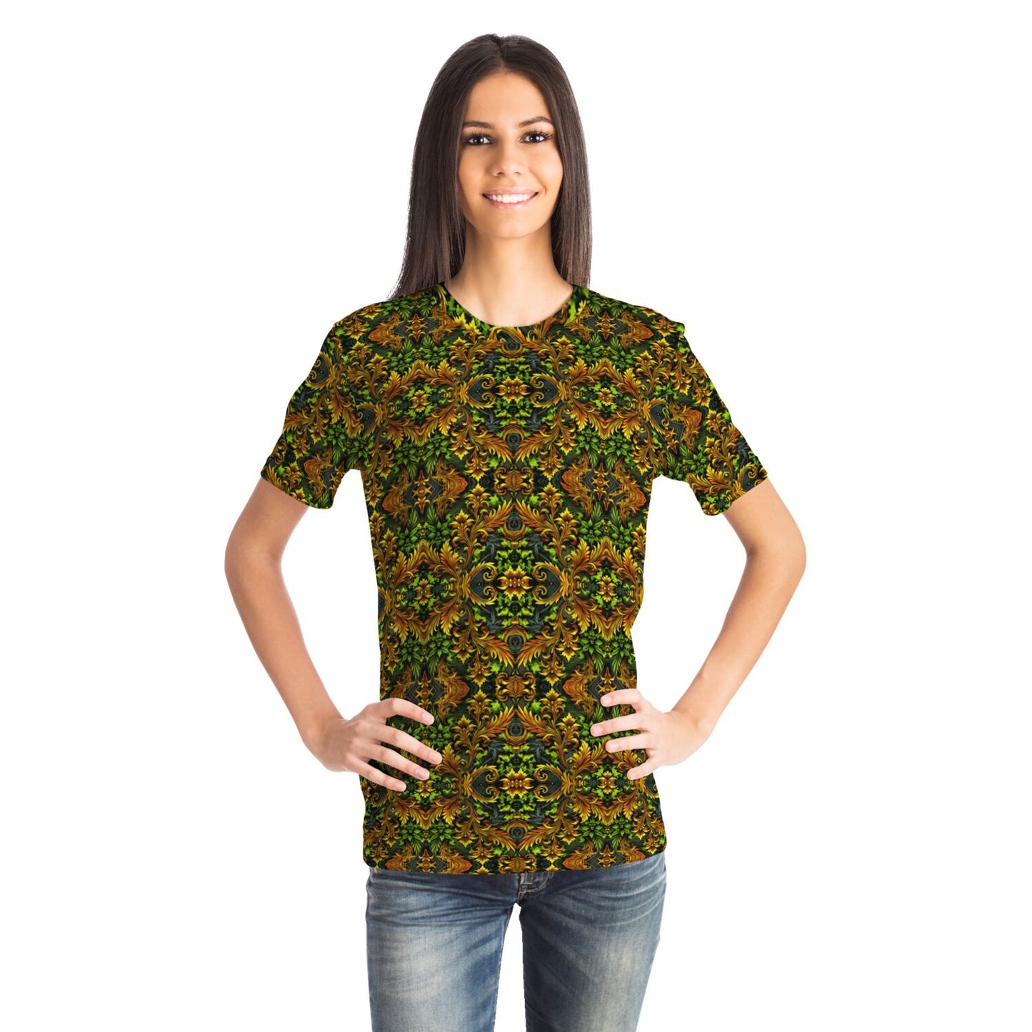 Emerald Green & Gold Pocket T-Shirt – All-Over Print, Stylish Casual Wear with Chest Pocket