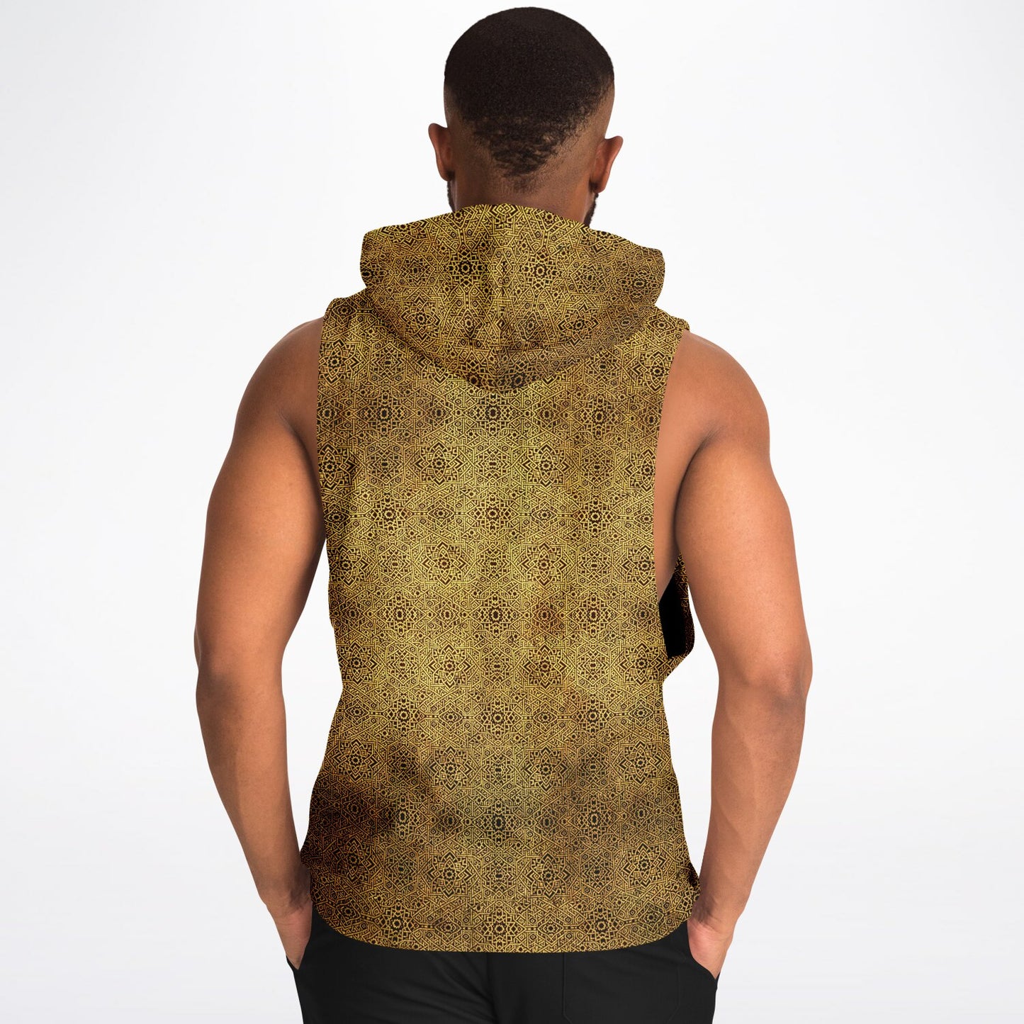 Geometric Gold Drop Armhole Hoodie – Unisex All-Over Print (AOP) | Bold Streetwear Hoodie | Fleece-Lined for Comfort & Style