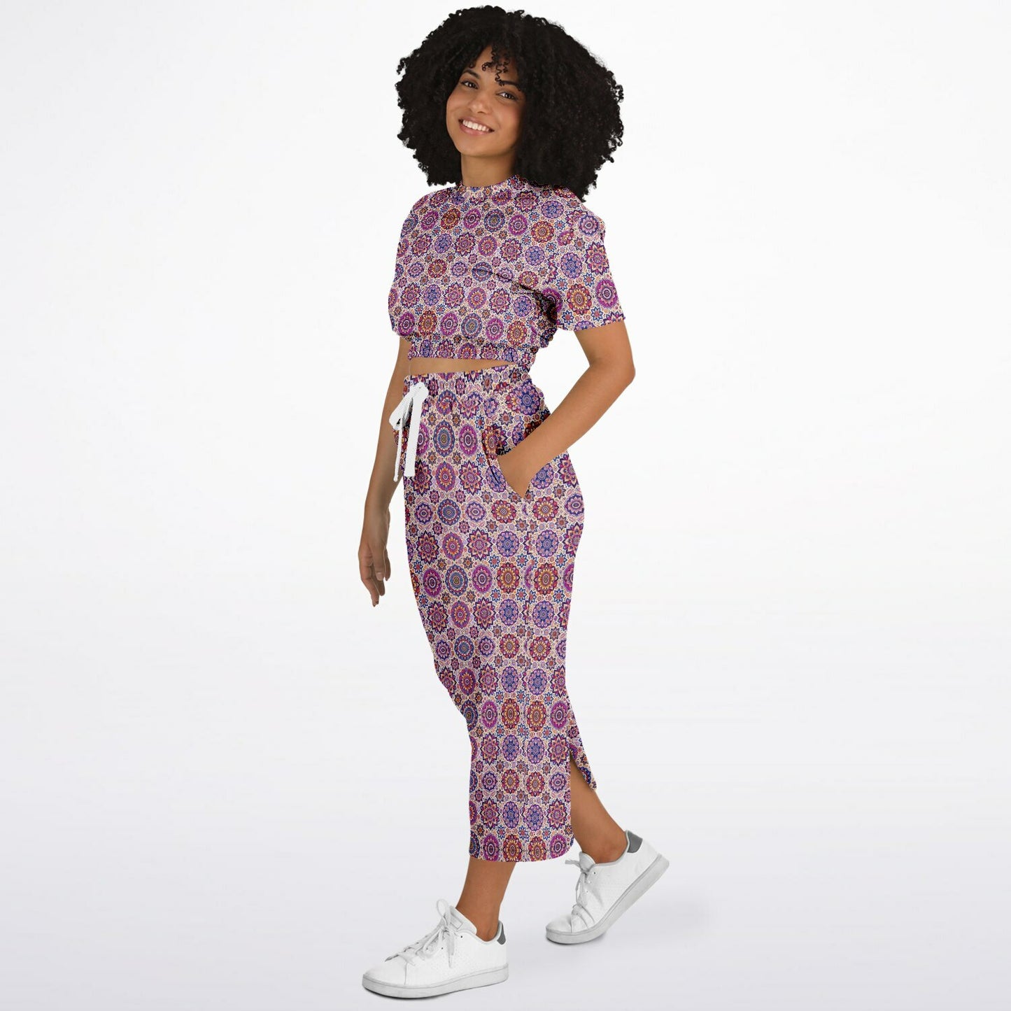 Athletic Cropped Short Sleeve Sweatshirt & Long Pocket Skirt Set – All-Over Print Activewear, Trendy Sportswear & Casual Wear for Women