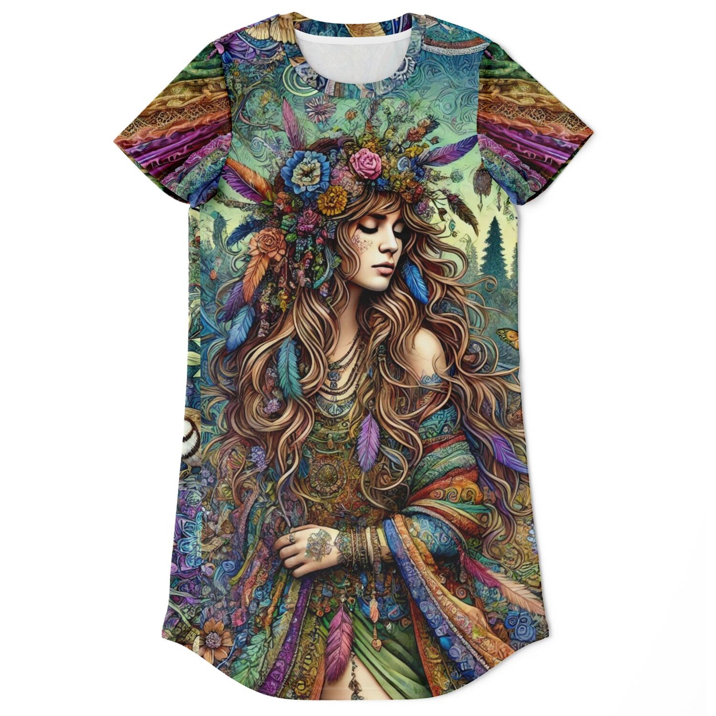 Spiritual Goddess Trinity Collection T-Shirt Dress – Unique Faces, Premium All-Over Print (AOP) for Boho Style and Comfort