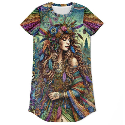 Spiritual Goddess Trinity Collection T-Shirt Dress – Unique Faces, Premium All-Over Print (AOP) for Boho Style and Comfort