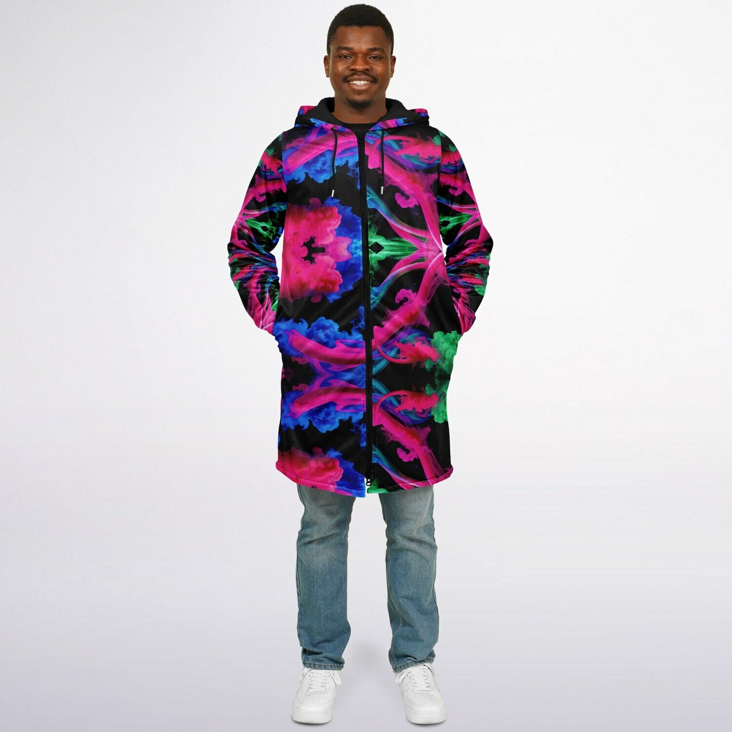 Neon Spectrum Cymatic Zip Cloak – Bold, Futuristic & Ultra-Cozy Longline Jacket