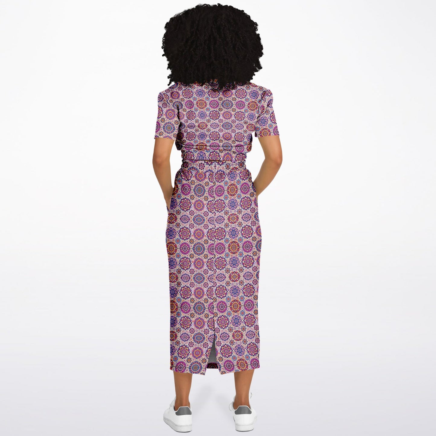 Athletic Cropped Short Sleeve Sweatshirt & Long Pocket Skirt Set – All-Over Print Activewear, Trendy Sportswear & Casual Wear for Women