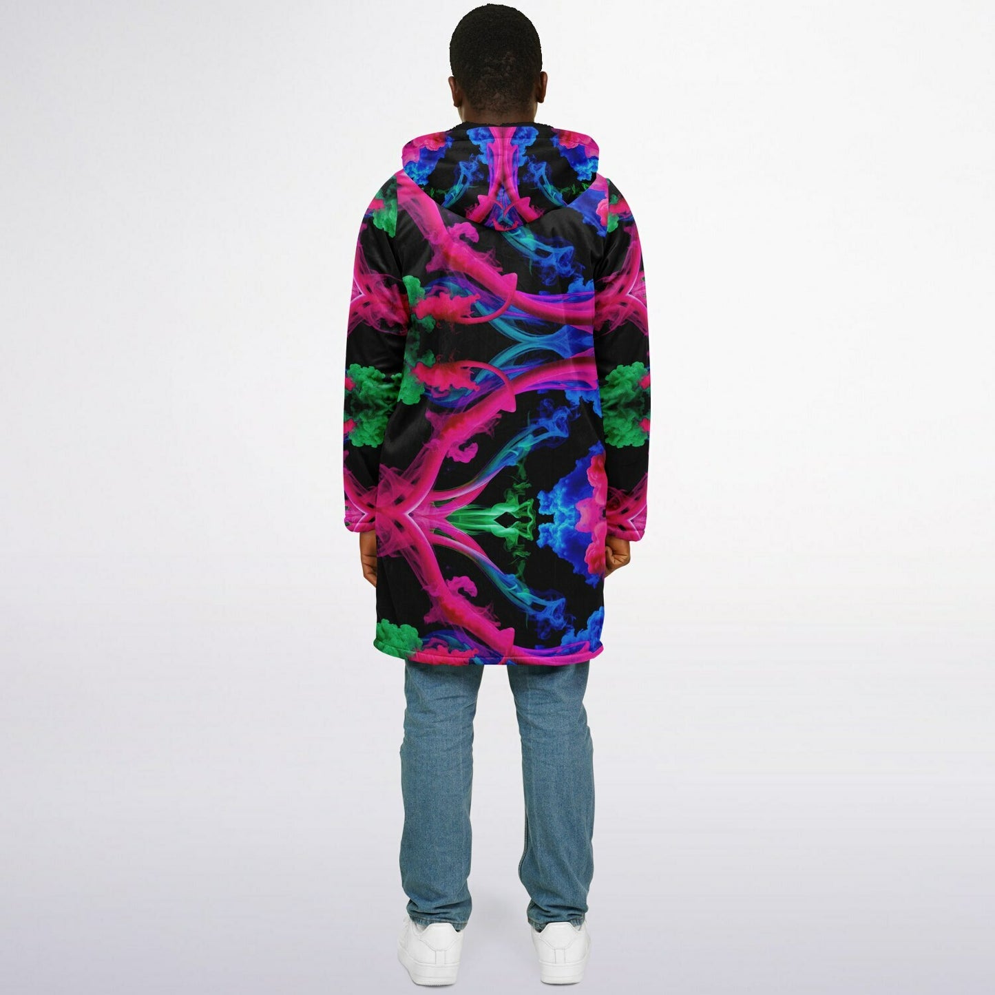 Neon Spectrum Cymatic Zip Cloak – Bold, Futuristic & Ultra-Cozy Longline Jacket
